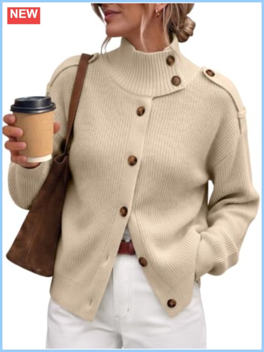 Womens Ribbed Knit Button Cardigan Mock Neck Cotton Blend Sweater